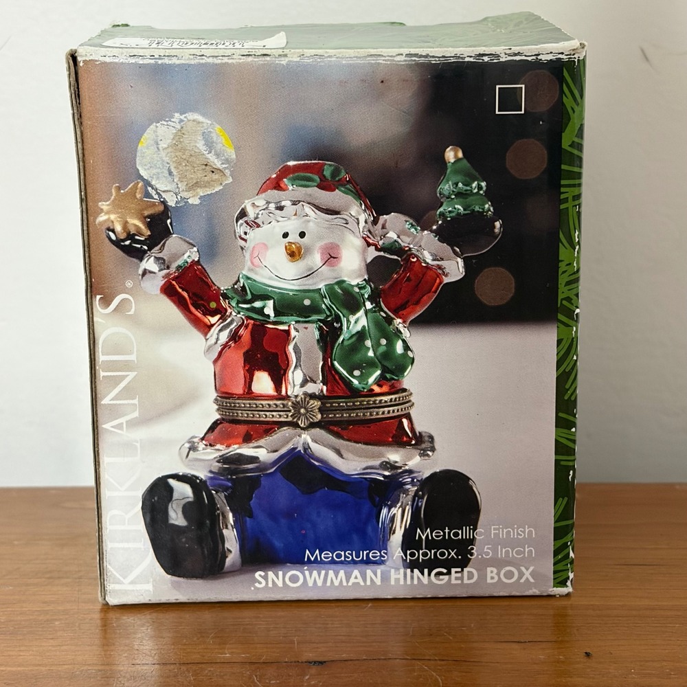 Kirklands Metallic Snowman Hinged Trinket Box Christmas Holiday Decor 3.5 Inch